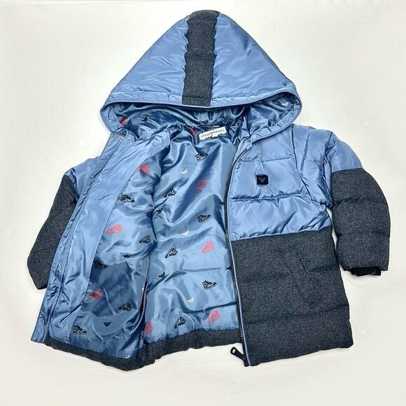 Emporio Armani Baby Boy’s Hooded Down Puffer Jacket Blue and Gray 18 months - Picture 1 of 13